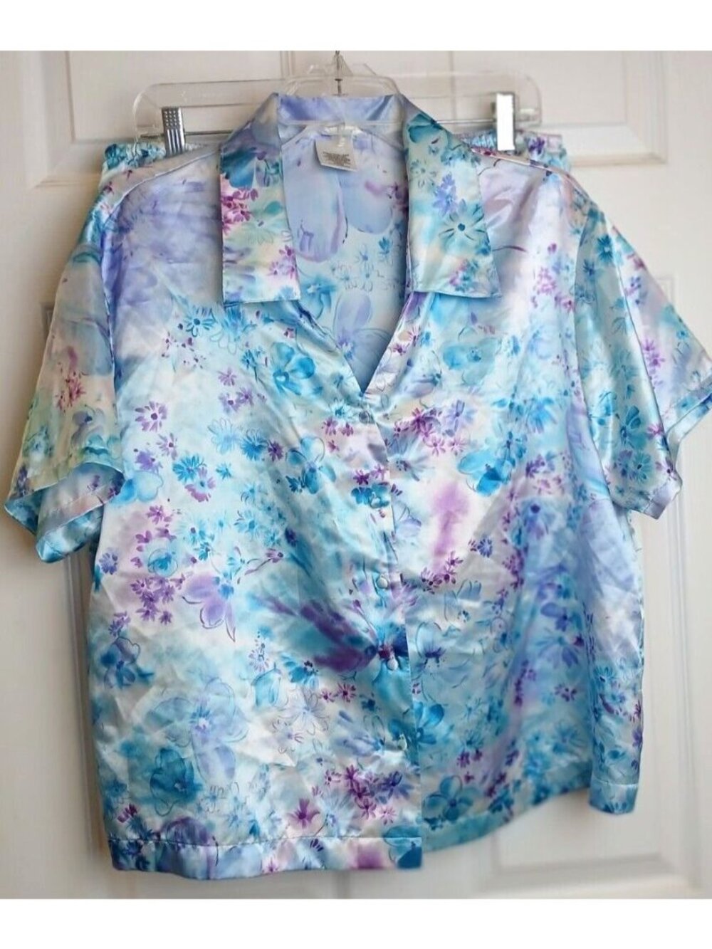 Secret Treasures Pajama XL Extra Large Blue Satin 2 Pc Set SS Shorts Floral #D21